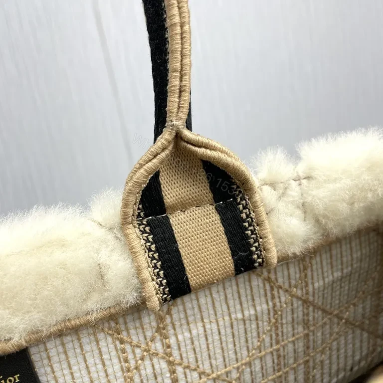 View 3 of Cream Shearling Dior Tote â€” Textured Luxury with Bold Signature Band