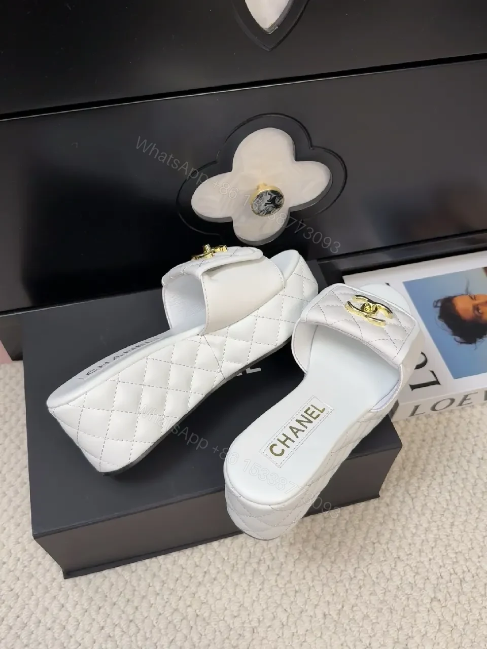 View 2 of White Quilted Slide Sandals with Gold Logo, Luxury Comfort