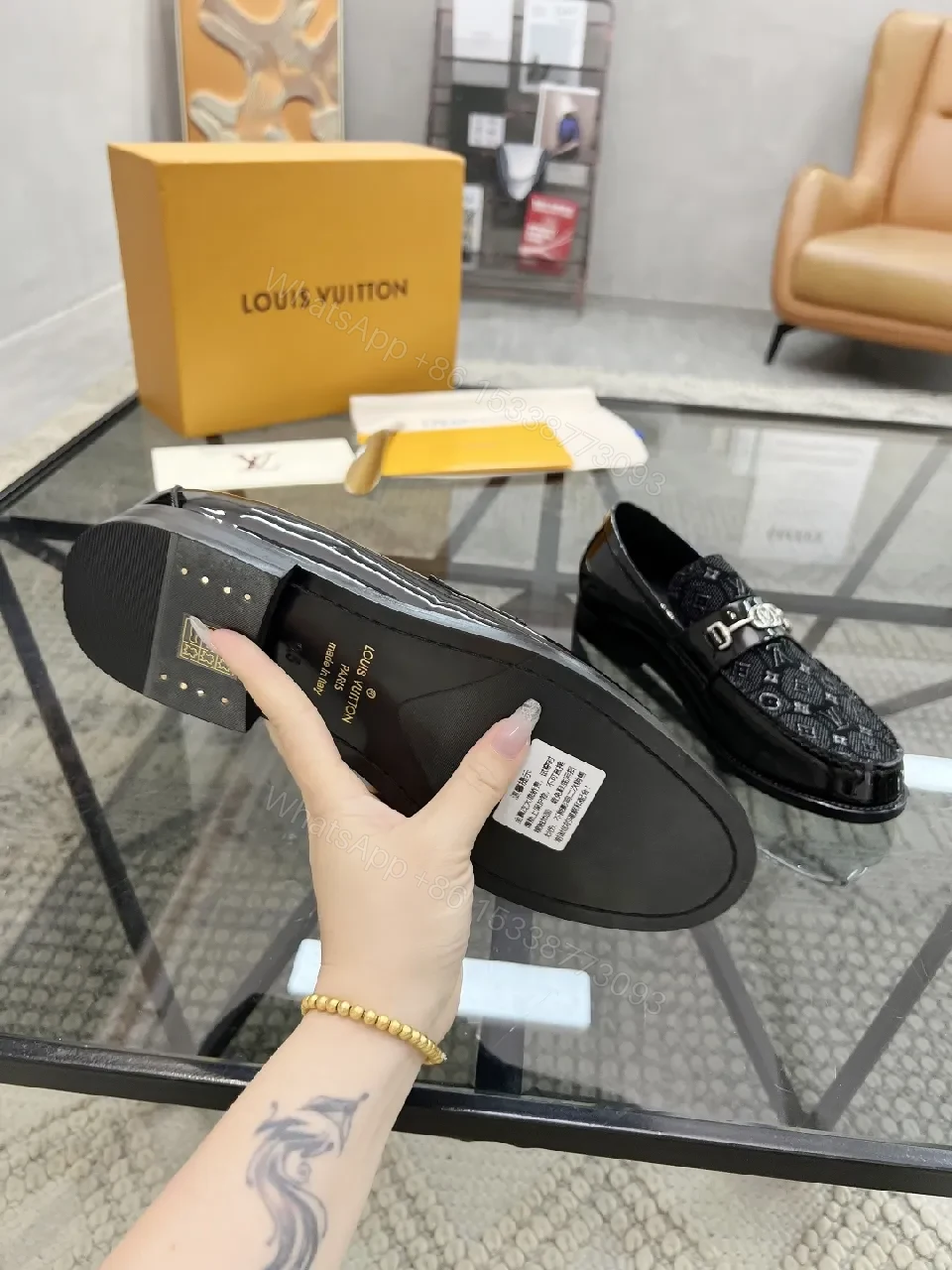 View 8 of Lux Black Patent Leather Loafers with Monogram Texture and Silv