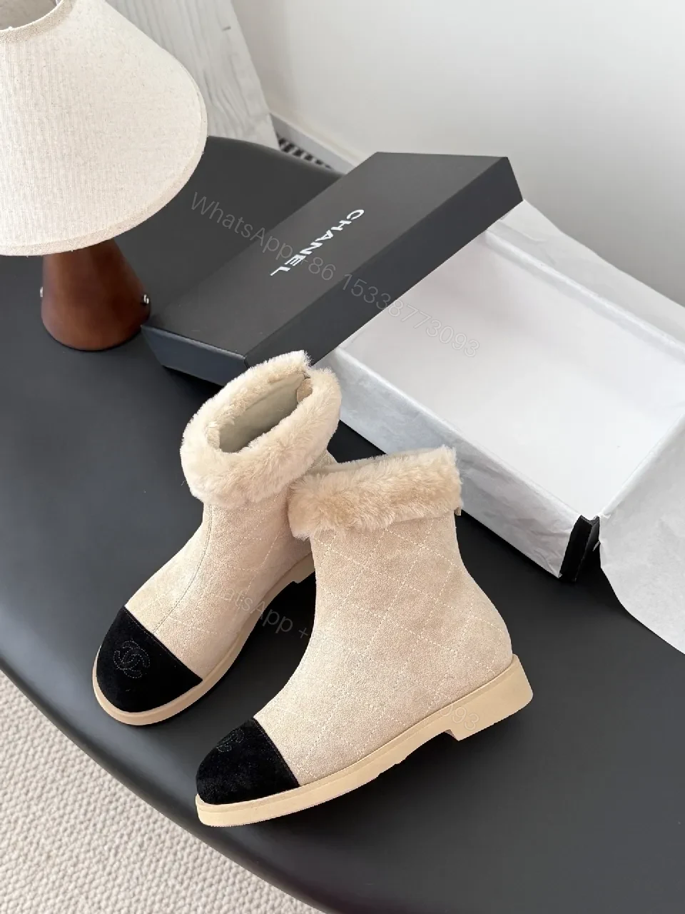 View 4 of Beige Quilted Booties with Black Suede Toe Cap Shine
