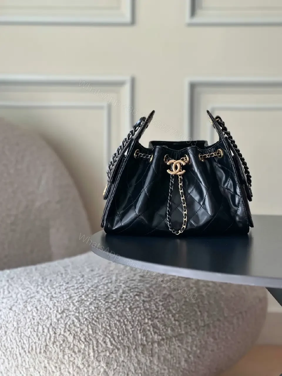 View 9 of Quilted Leather Chain-Detail Shoulder Bag, Black, Lux Style, Everyday Carry