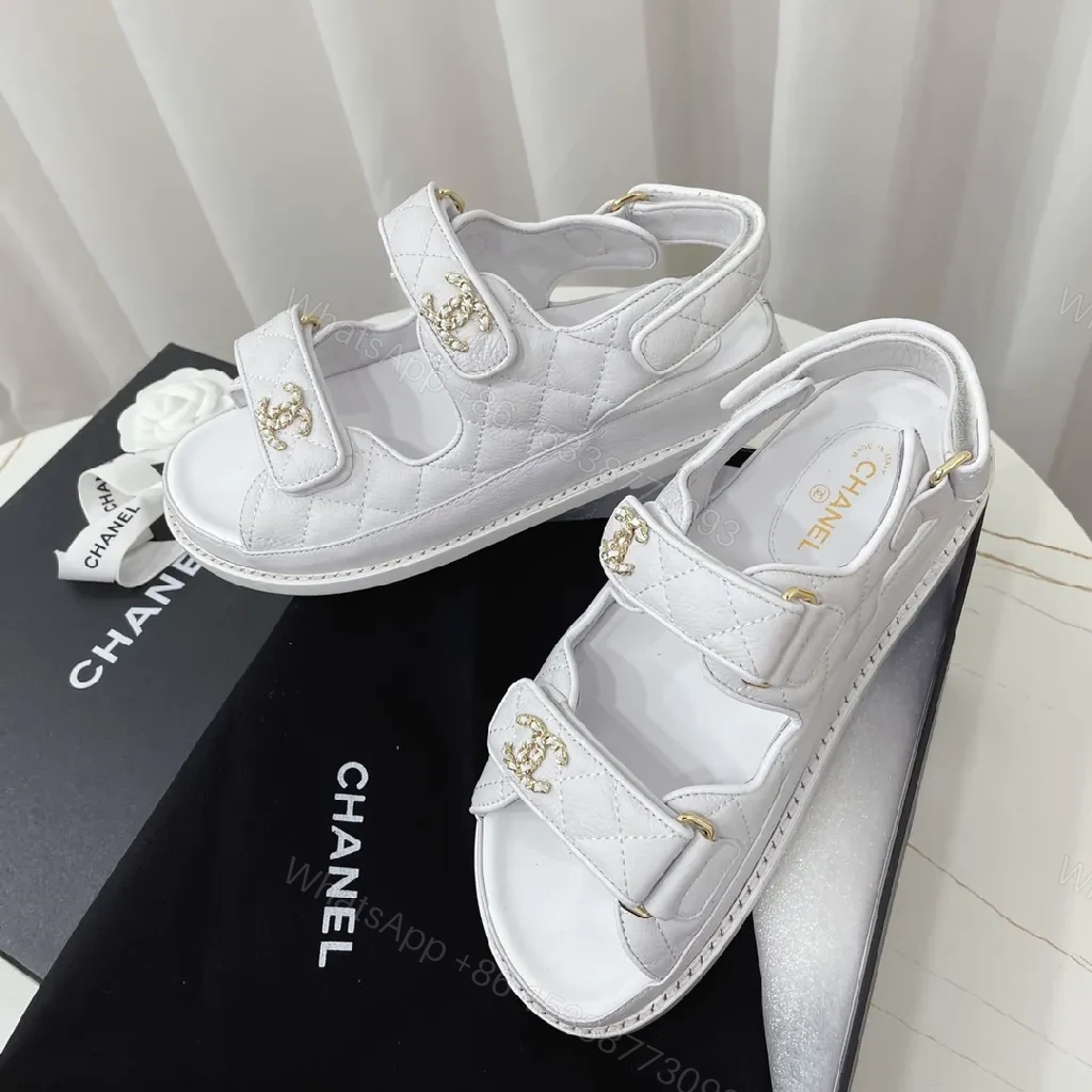 View 4 of White Quilted Leather Sandals with Gold Logo Hardware