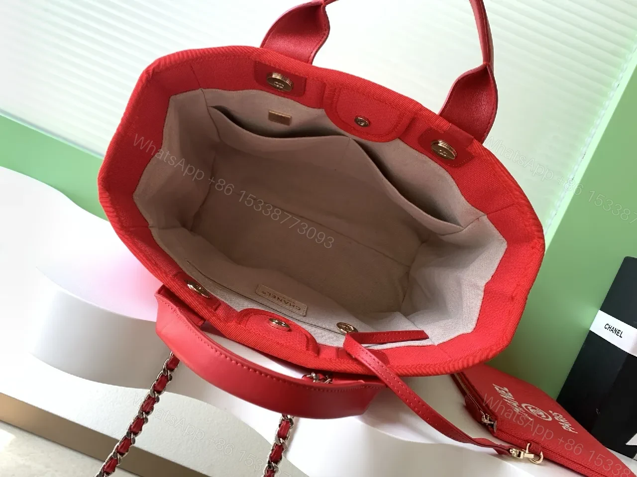 View 5 of Bold Red Canvas Tote with Logo & Chain Detailing