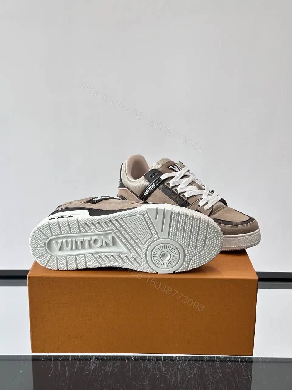 View 2 of Beige Suede Fabric Style Trainer Louis Vuitton Inspired Sneakers