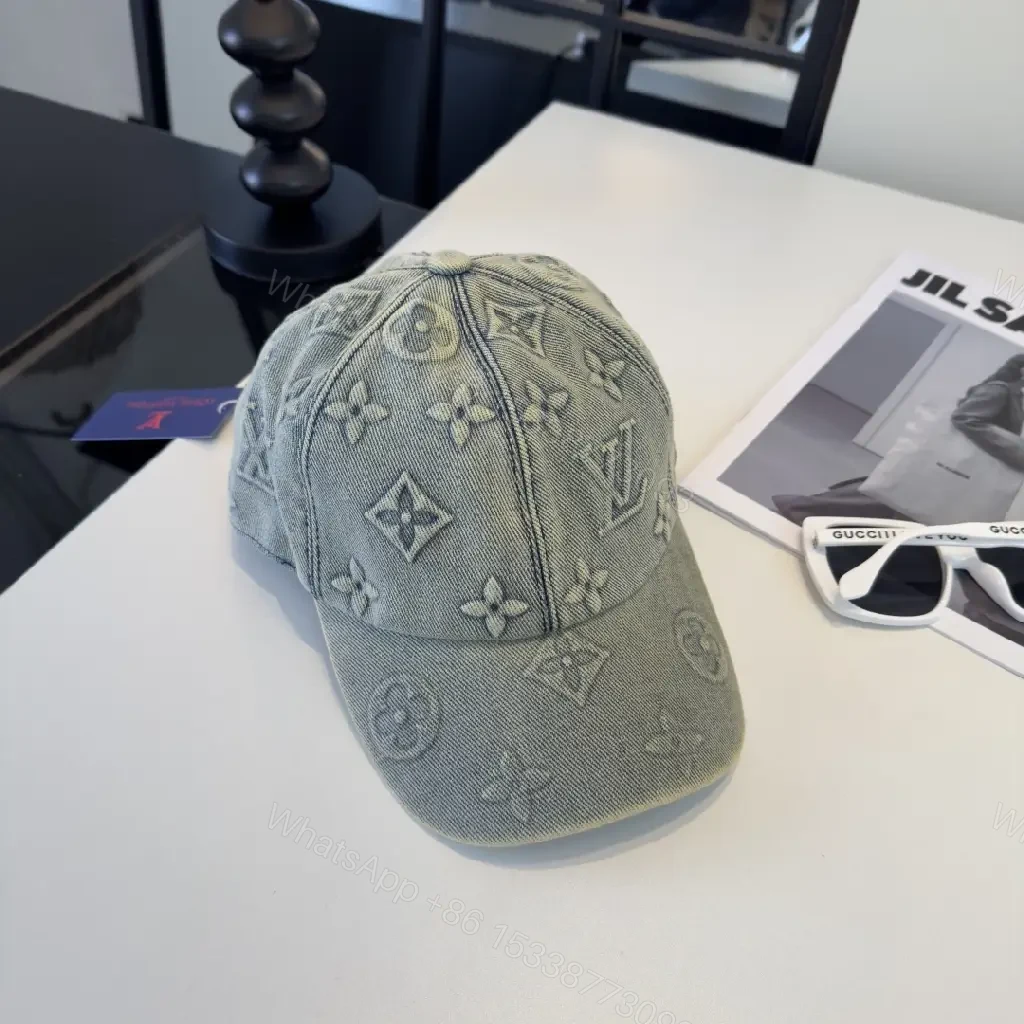 View 5 of Washed Gray Denim Cap Six-Panel Embossed Monograming
