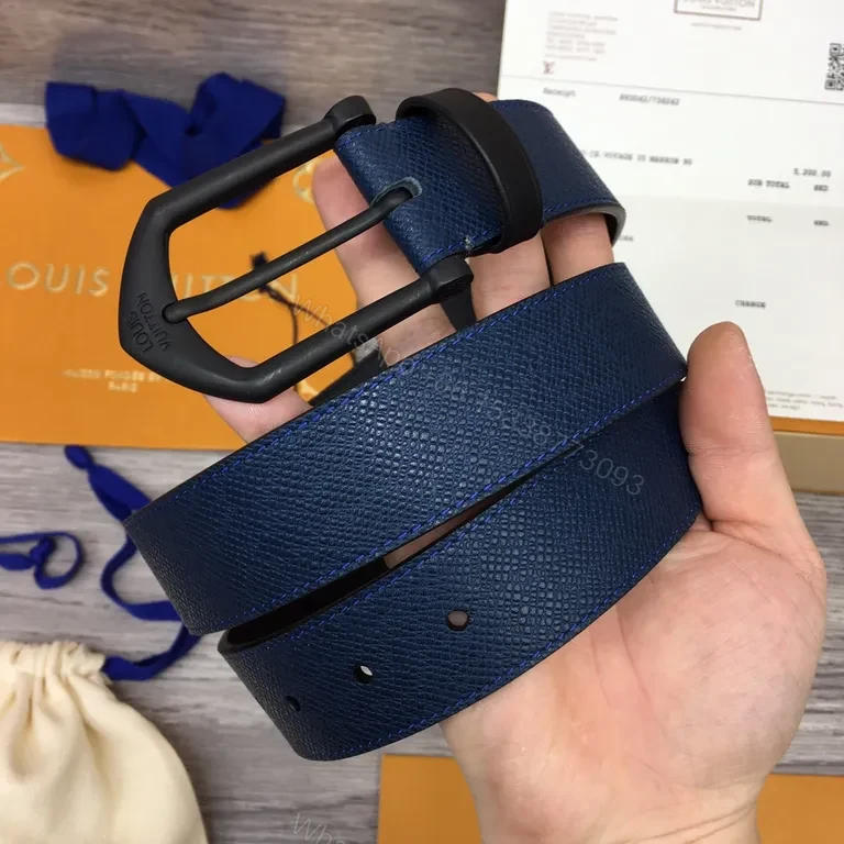 View 6 of Blue Textured Leather Belt â€“ Louis Vuitton Style, 40mm, Gold-Standard Quality