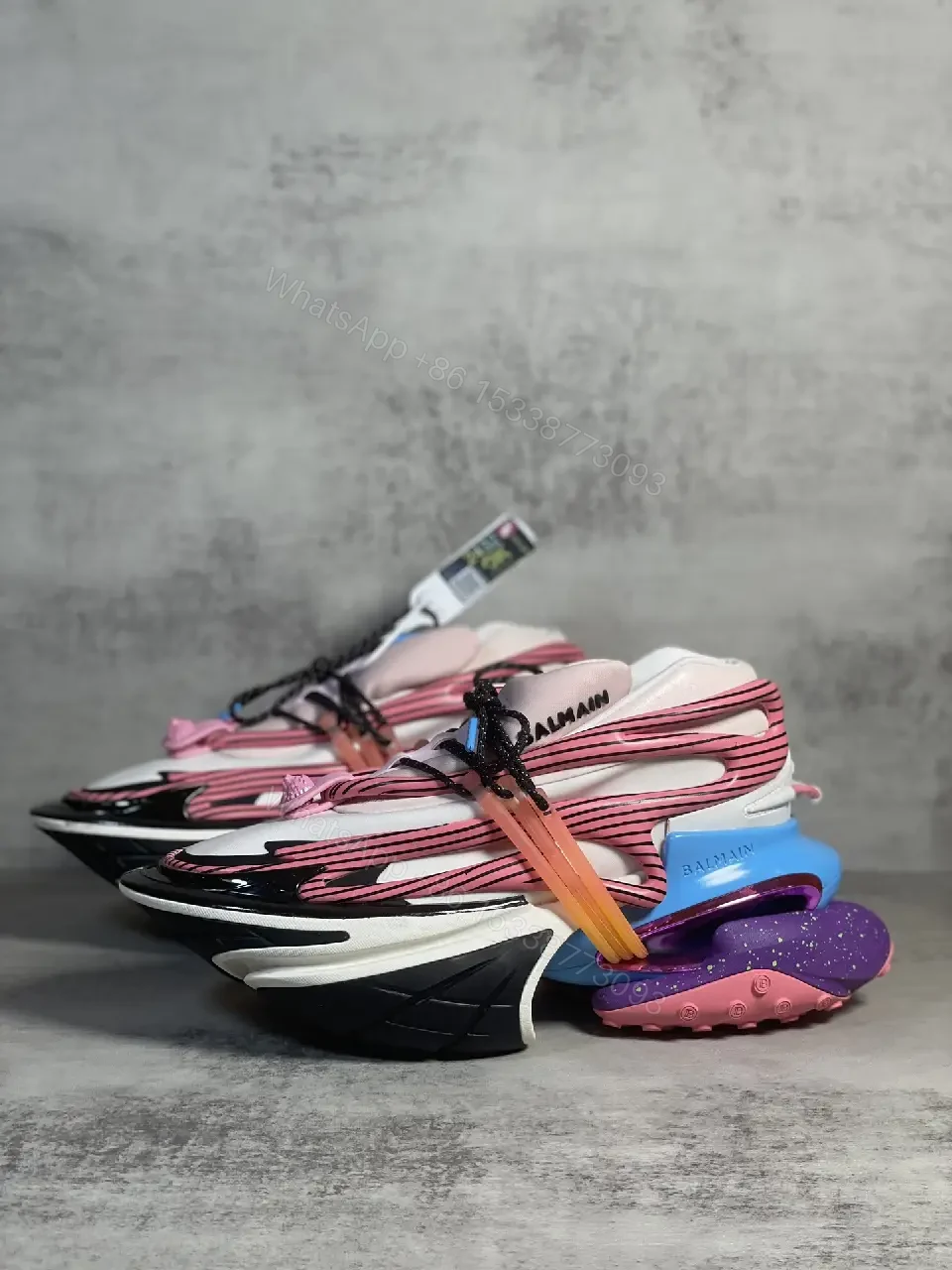 View 9 of pink white black striped leather and mesh sneaker for everyday luxury