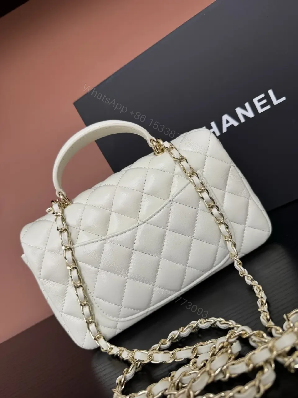 View 7 of White Quilted Luxe Handbag with Diamond Bow Charm - Satchel Style