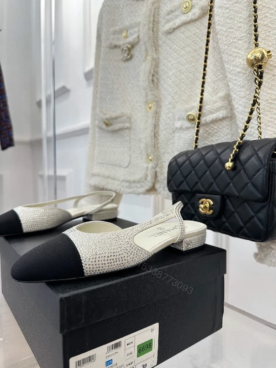 View 9 of Two-Tone Crystal Flats: Elegant Open-Back Sling Shoes