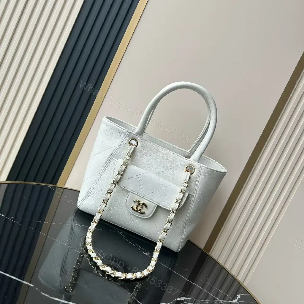 View 9 of Pale Gray Diamond-Quilted Tote: Gold-Accented Chanel-Style Flap