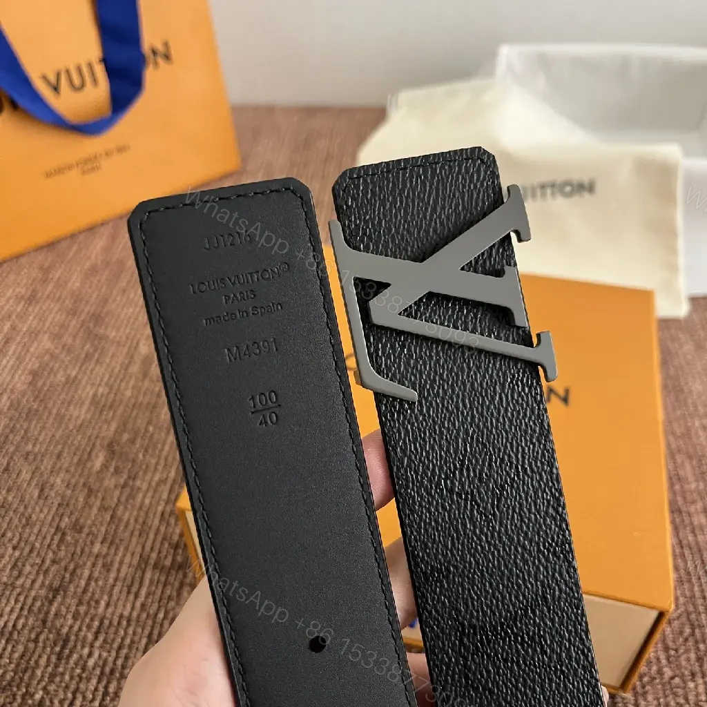 View 3 of Black Leather Belt Matte LV Buckle Slim Width - Center Front