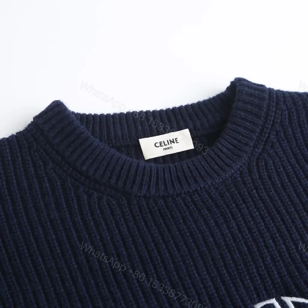 View 7 of Navy Knit Crew with Bold CELINE Script - Luxe Everyday Comfort