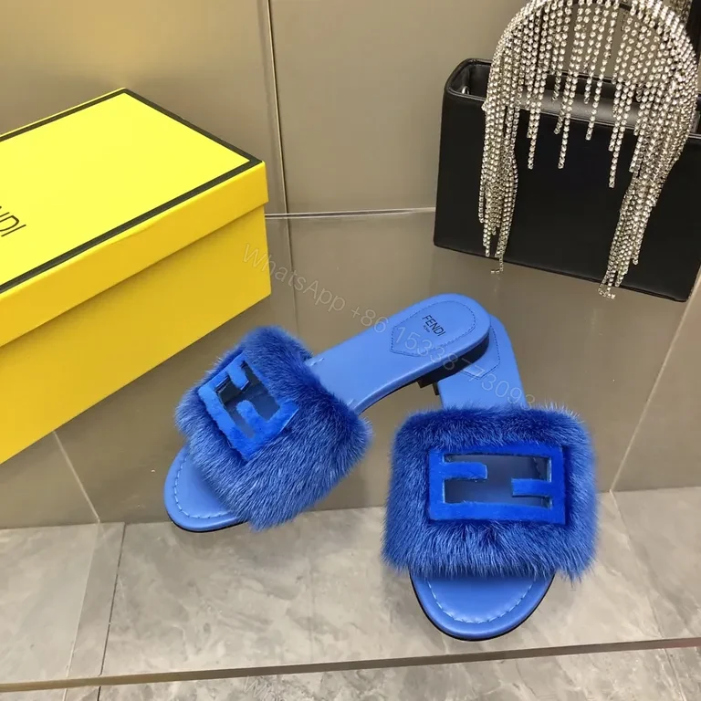 View 5 of Blue Fur-Trim Slip-On Sandals with Fendi-Inspired Hardware