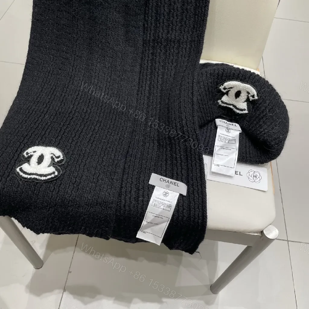 View 9 of Luxe Black Knit Set: Beanie & Scarf with Emblem