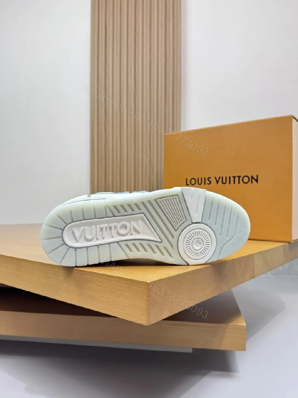 View 3 of White Leather Sneaker with Subtle LV-Inspired Accents