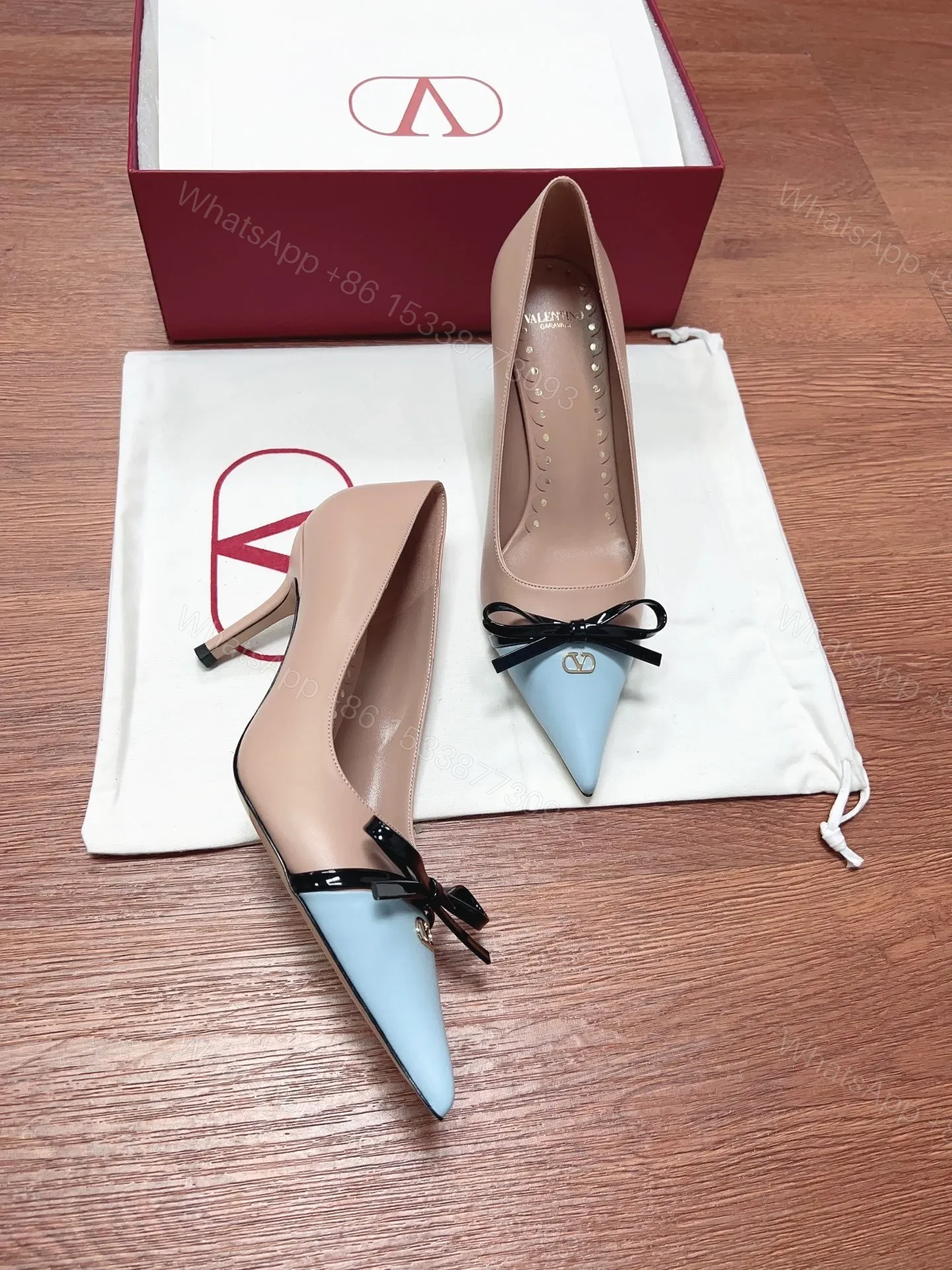 View 5 of Valentino Women Beige Leather Blue Bow Detail Pumps