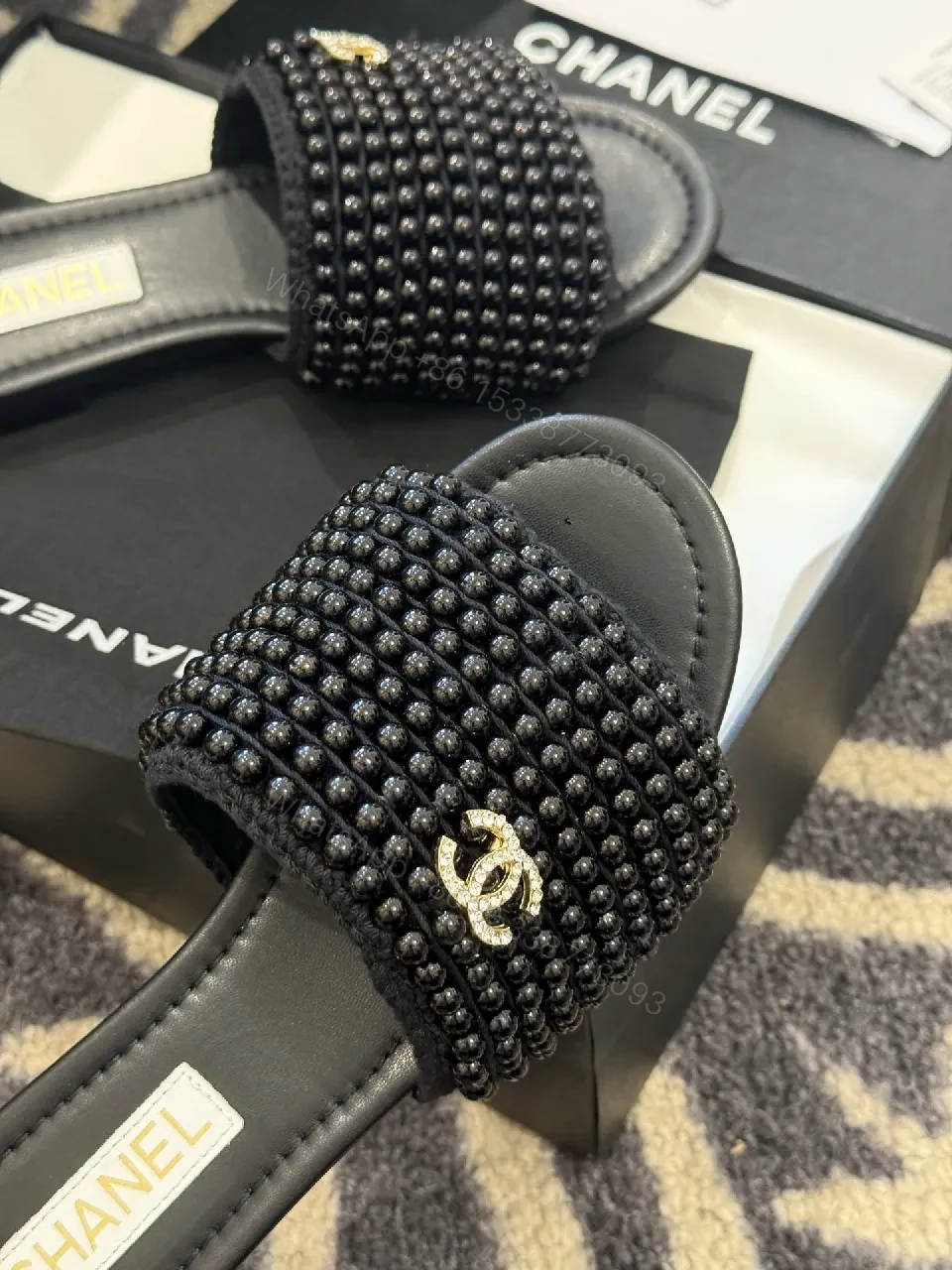 View 6 of Beaded Black Slide Sandals, Luxe-Beam, All-Day Comfort