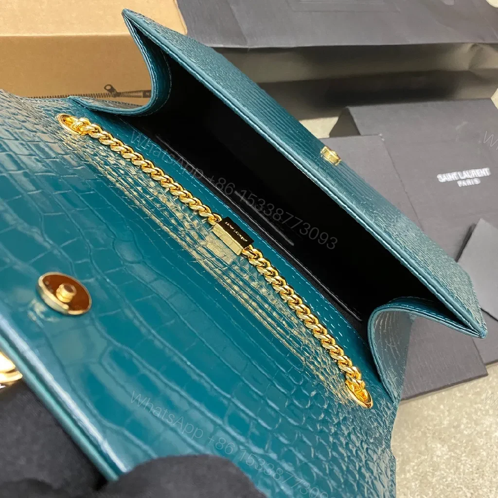 View 3 of Teal Croc-Texture Evening Bag with Gold Monogram Clasp