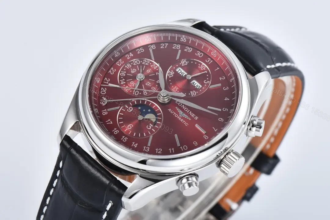 View 3 of Longines Master Collection Moonphase Chronograph Watch Red Dial Stainless Steel Case Black Leather Strap 42mm