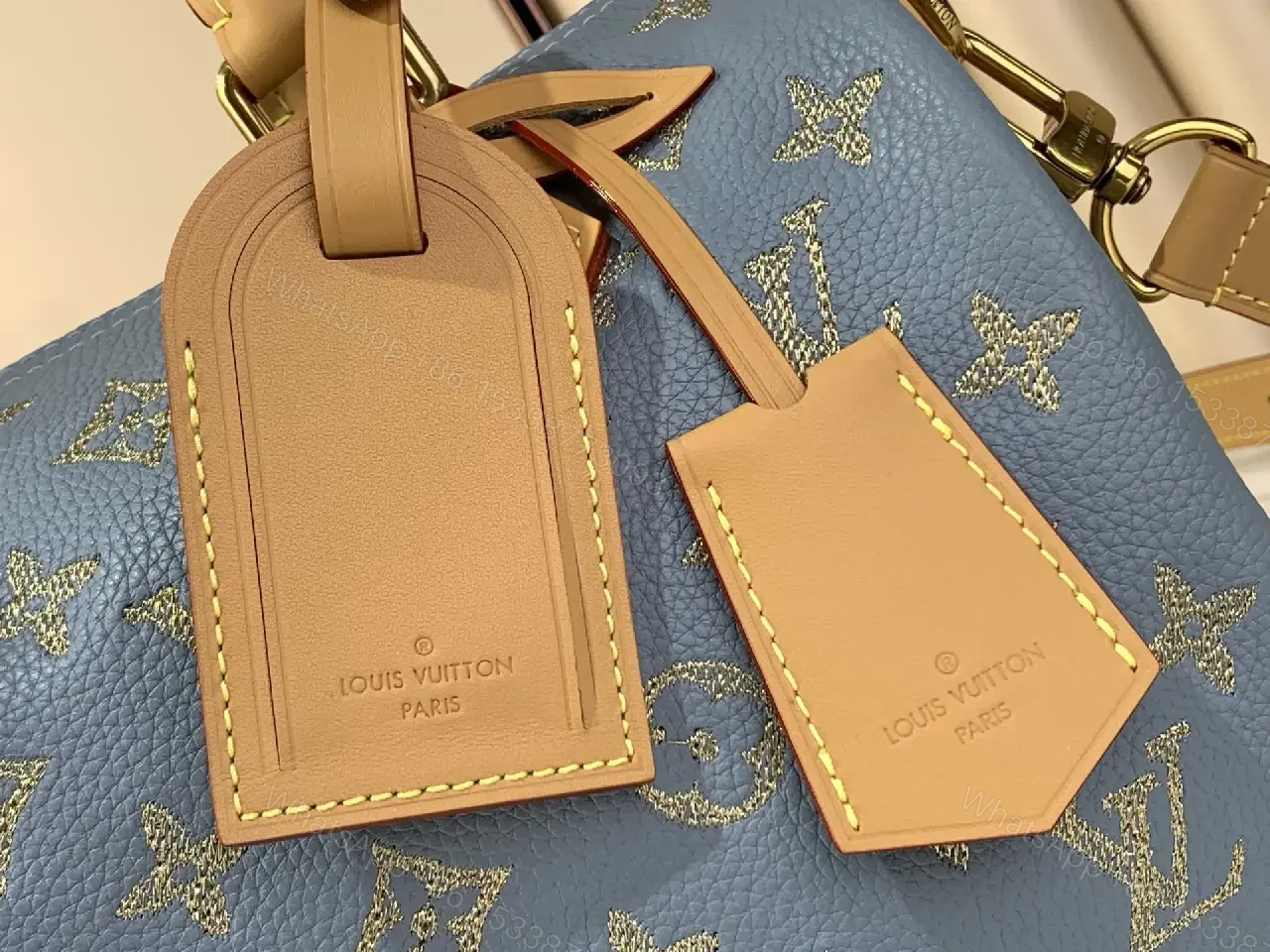View 4 of Light Blue LV Monogram Tote Bag with Tan Leather Accents