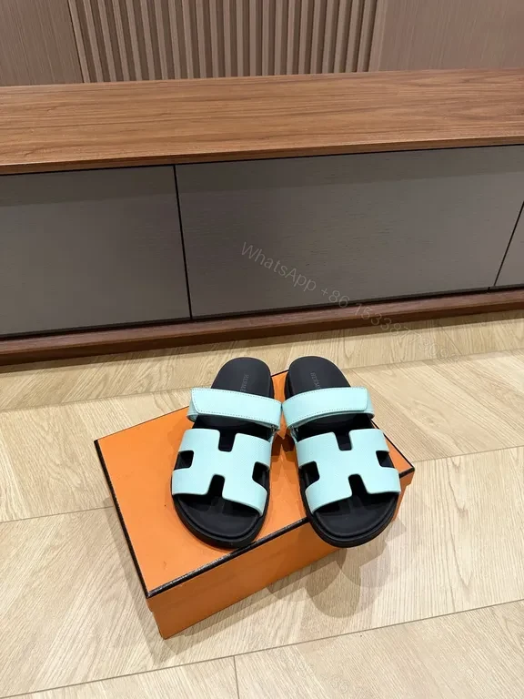 View 9 of Light Blue Leather H-Strap Sandals – Replica Hermes Style