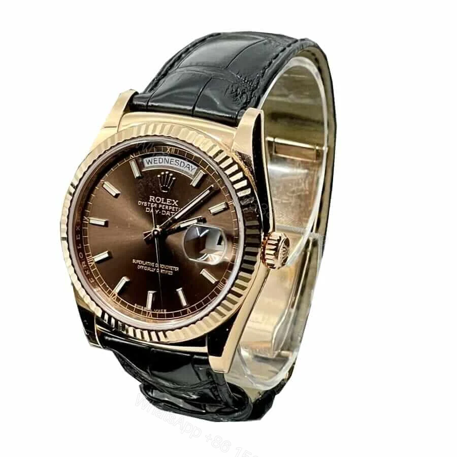 View 2 of Rolex Day-Date 36 128138 Super Clone : 36mm Yellow Gold Black Dial on Black Leather Strap