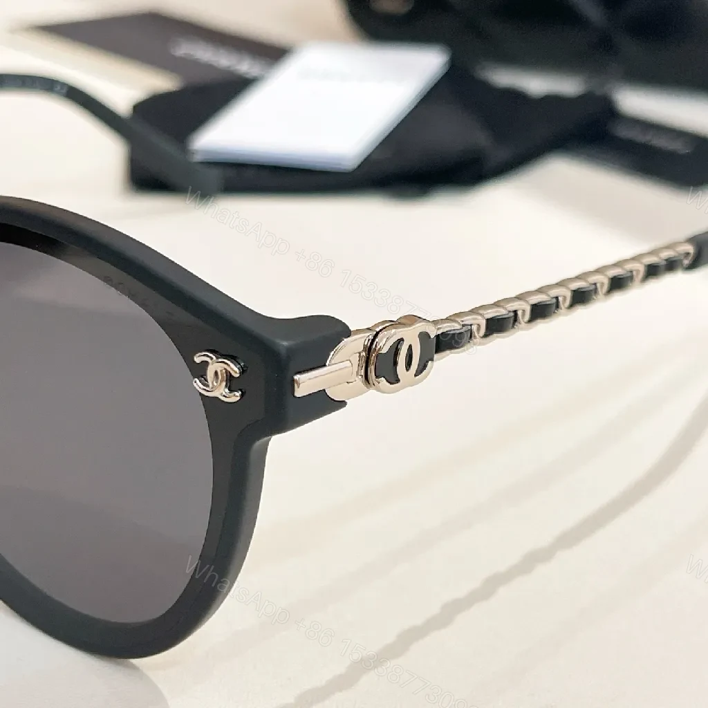 View 4 of Classic Black Round Sunglasses with Chain Detail, Luxe Acetate, Everyday Wear