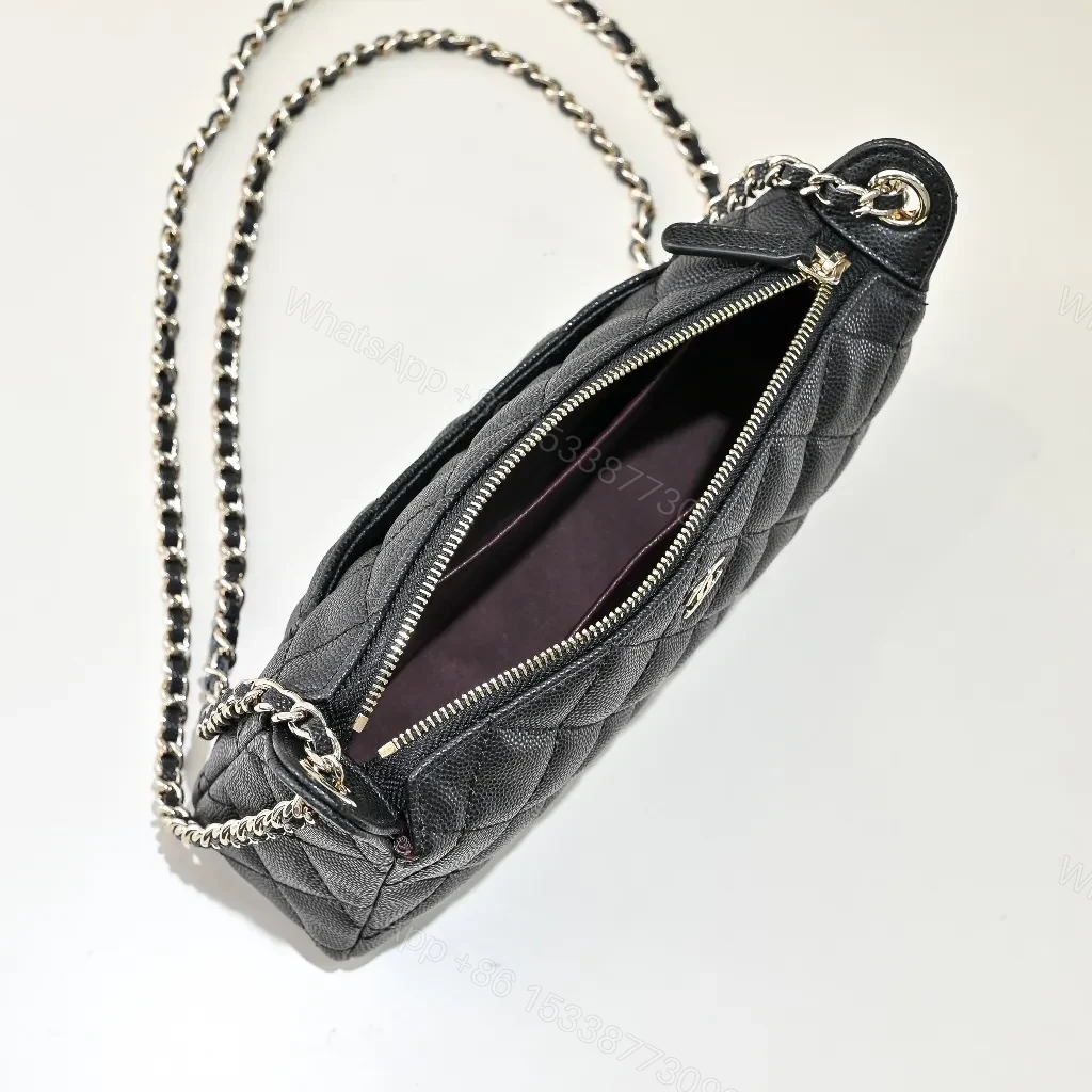 View 4 of Black Quilted Crossbody with Chain, Luxury Compact Bag