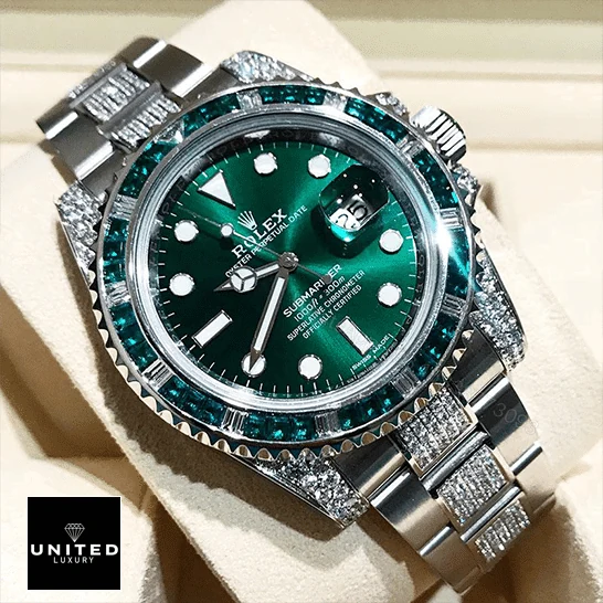 View 4 of Rolex Submariner Hulk 116610LV Diamond Green Dial Iced Out Replica