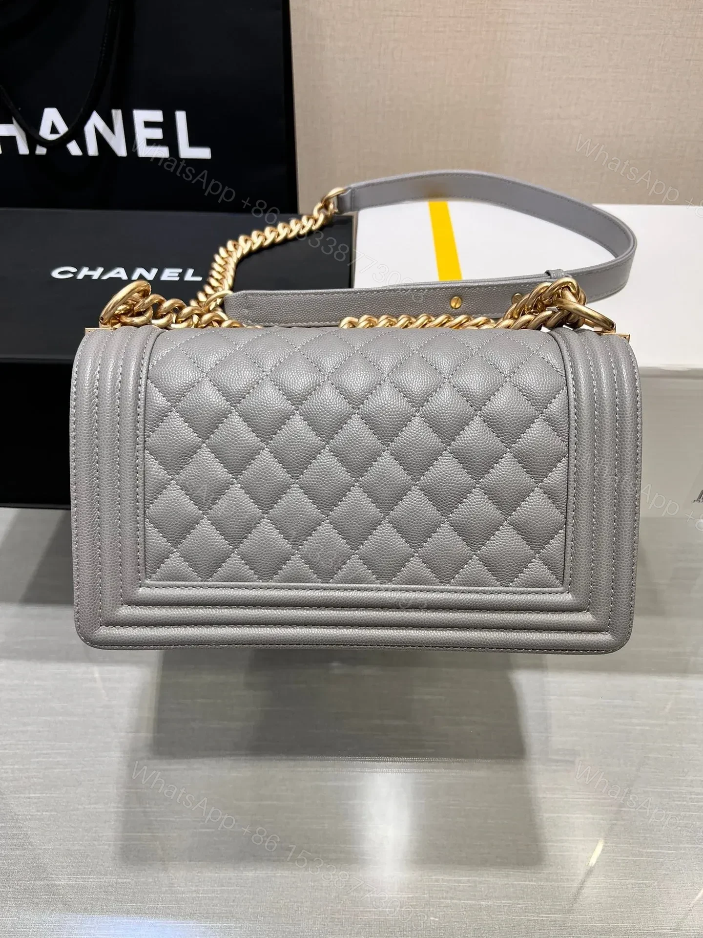 View 5 of CHANEL BOY BAG MEDIUM 25 GREY CAVIAR GOLD HARDWARE