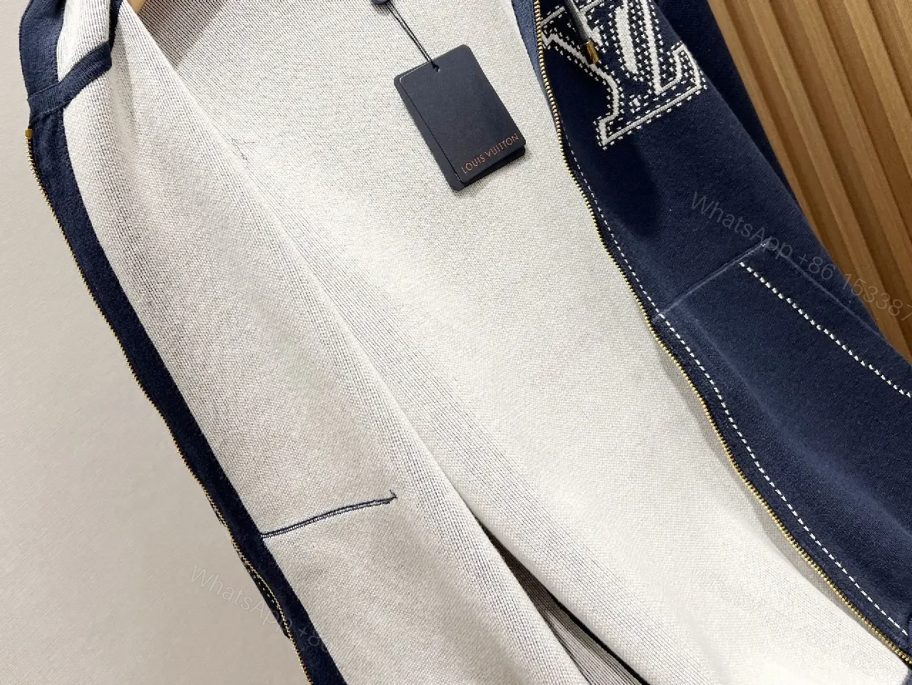 View 5 of Navy Denim Hoodie Jacket with LV Embroidery – Modern Luxe Outerwear