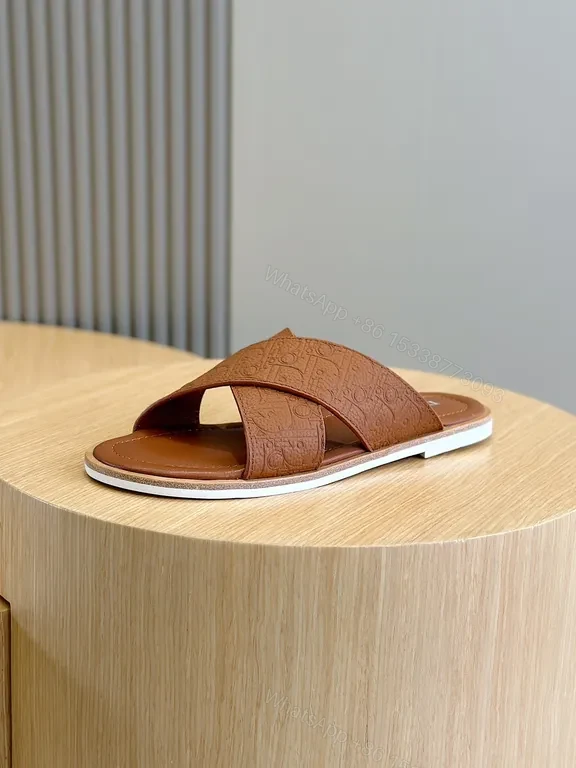 View 6 of Chic Leather Slide Sandals with Monogram Texture