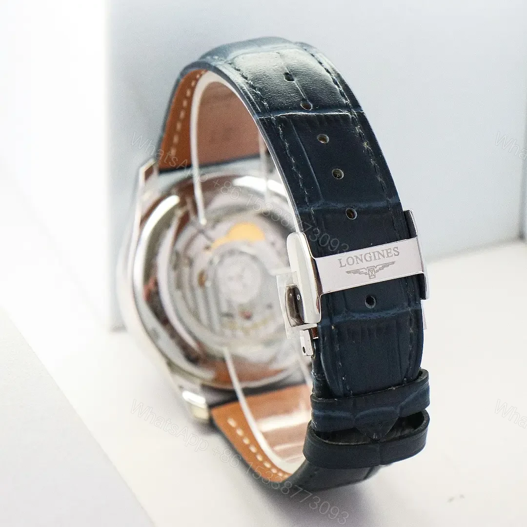View 8 of Longines Master Classic Reproduction GMT Dual Time Watch White Dial Black Leather Strap Roman Numerals