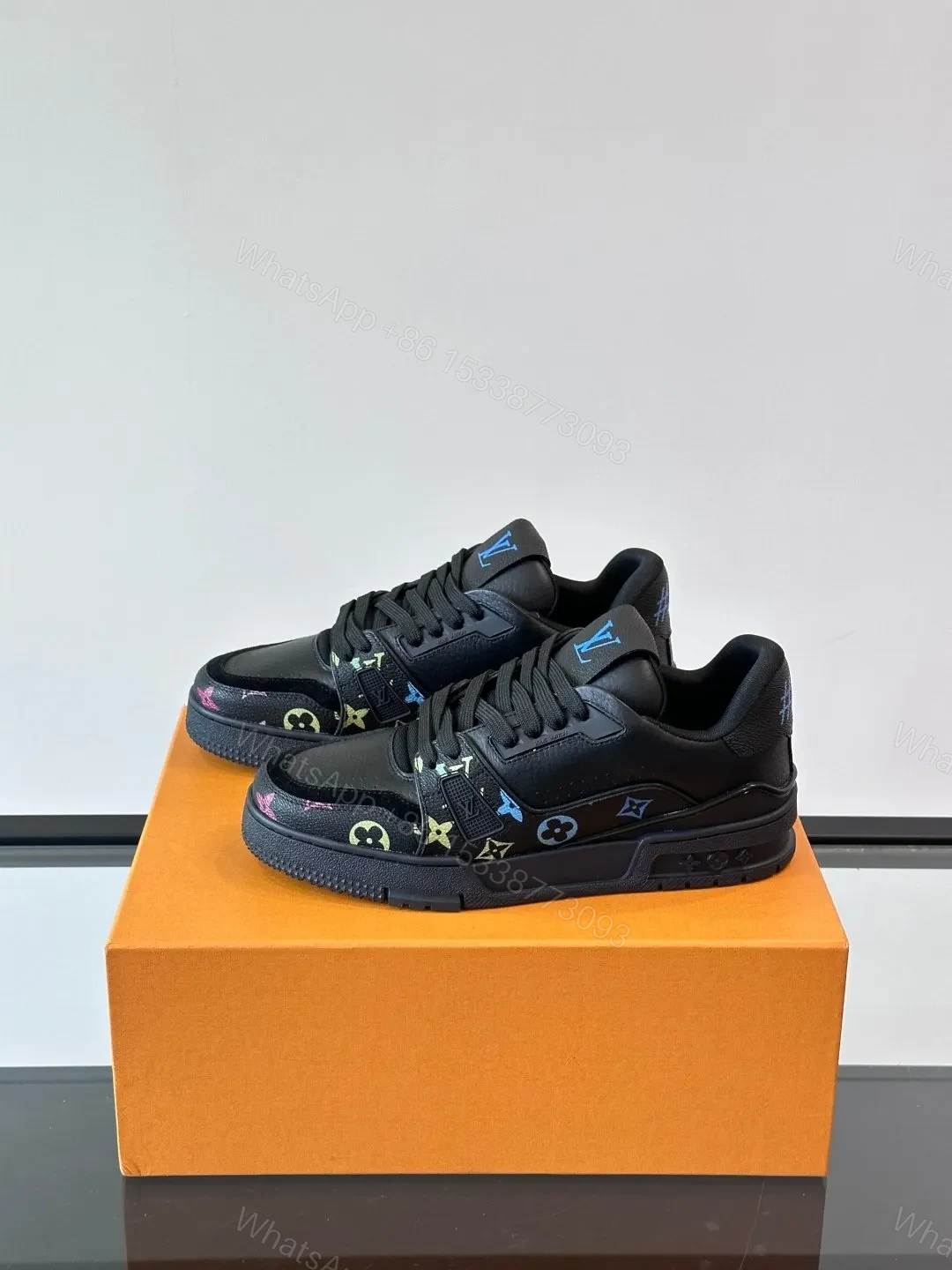 View 3 of LV Men Black Leather Sneakers With Multicolor Accents