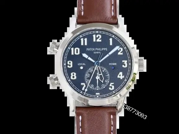 Patek Philippe Calatrava Pilot Travel Time Watch Ref. 5524 Rose Gold and Blue Dial Dual Time Zone Leather Strap — view 1