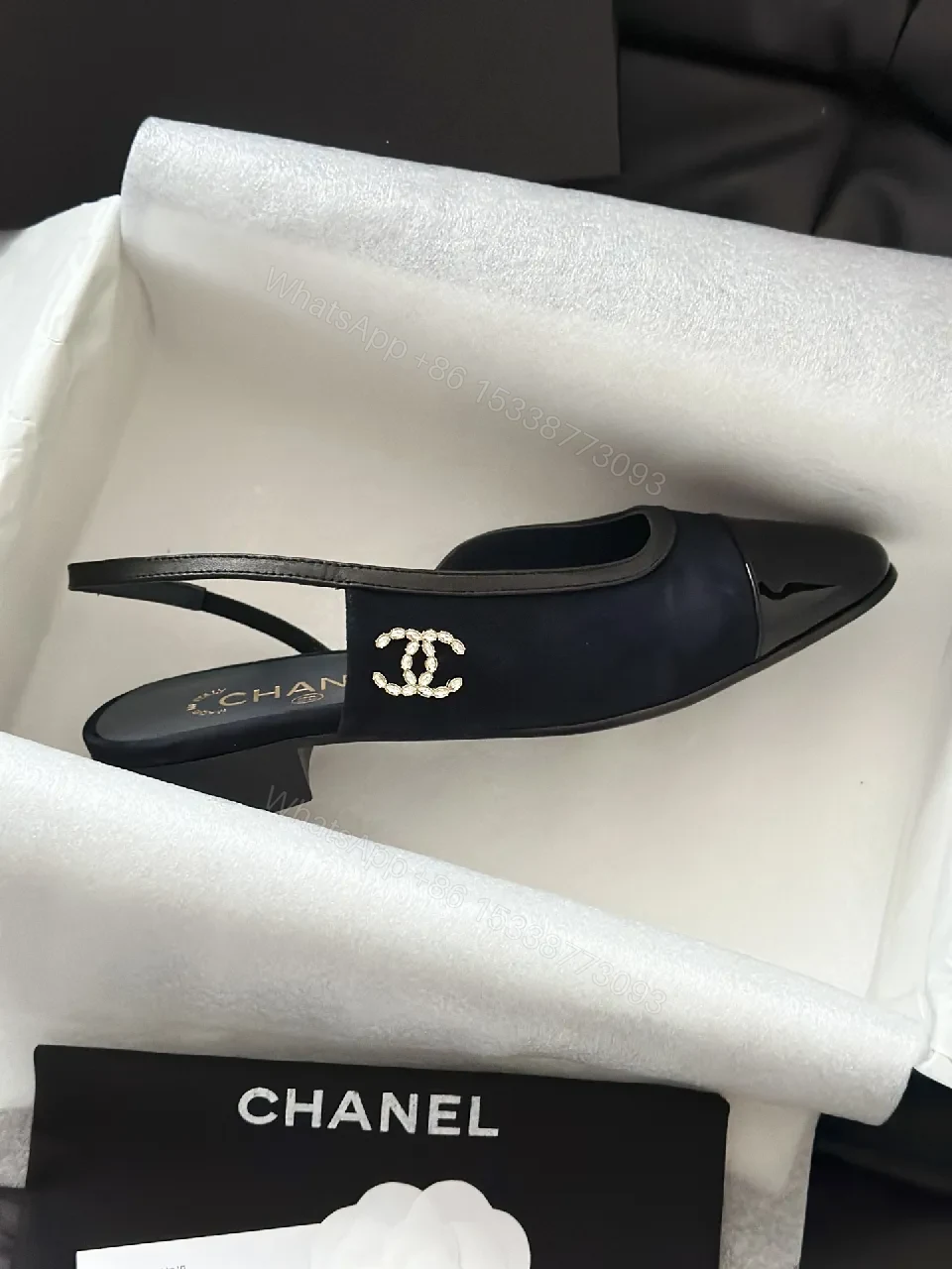 View 2 of Lux Satin Sling-Back Sandals: Navy with Logo Accent