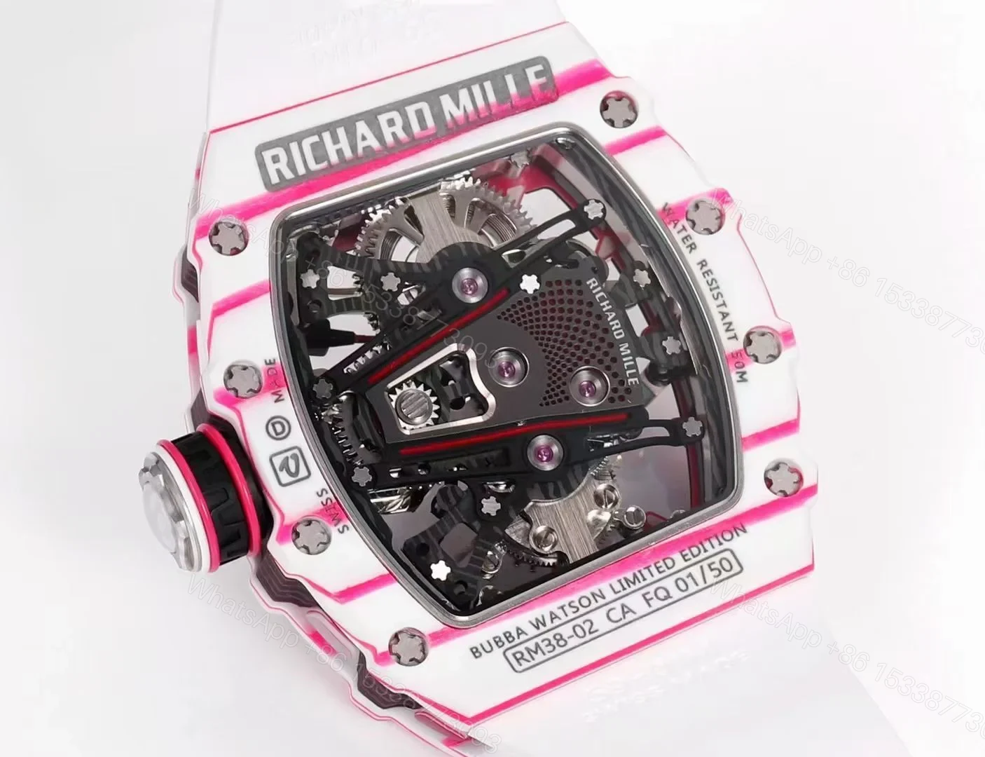 View 7 of Richard Mille RM38-02 Tourbillon Bubba Watson Watch Pink Quartz Carbon Fiber Skeleton Dial Golf Ball Inspired Manual Winding Movement RM38-02-BW-PQC-SK10