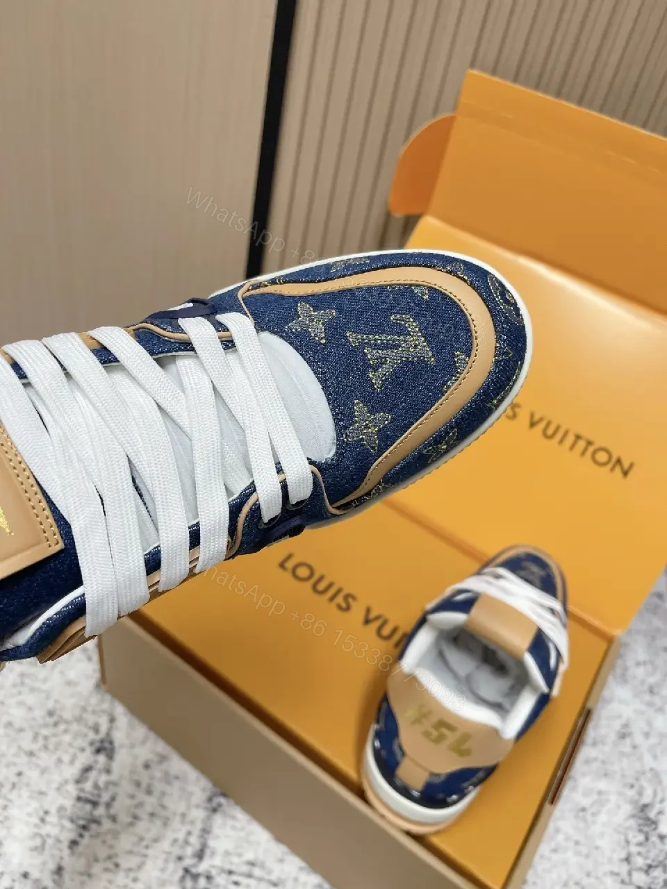 View 7 of Denim Monogram High-Top Sneakers: Luxury Streetwear Comfort