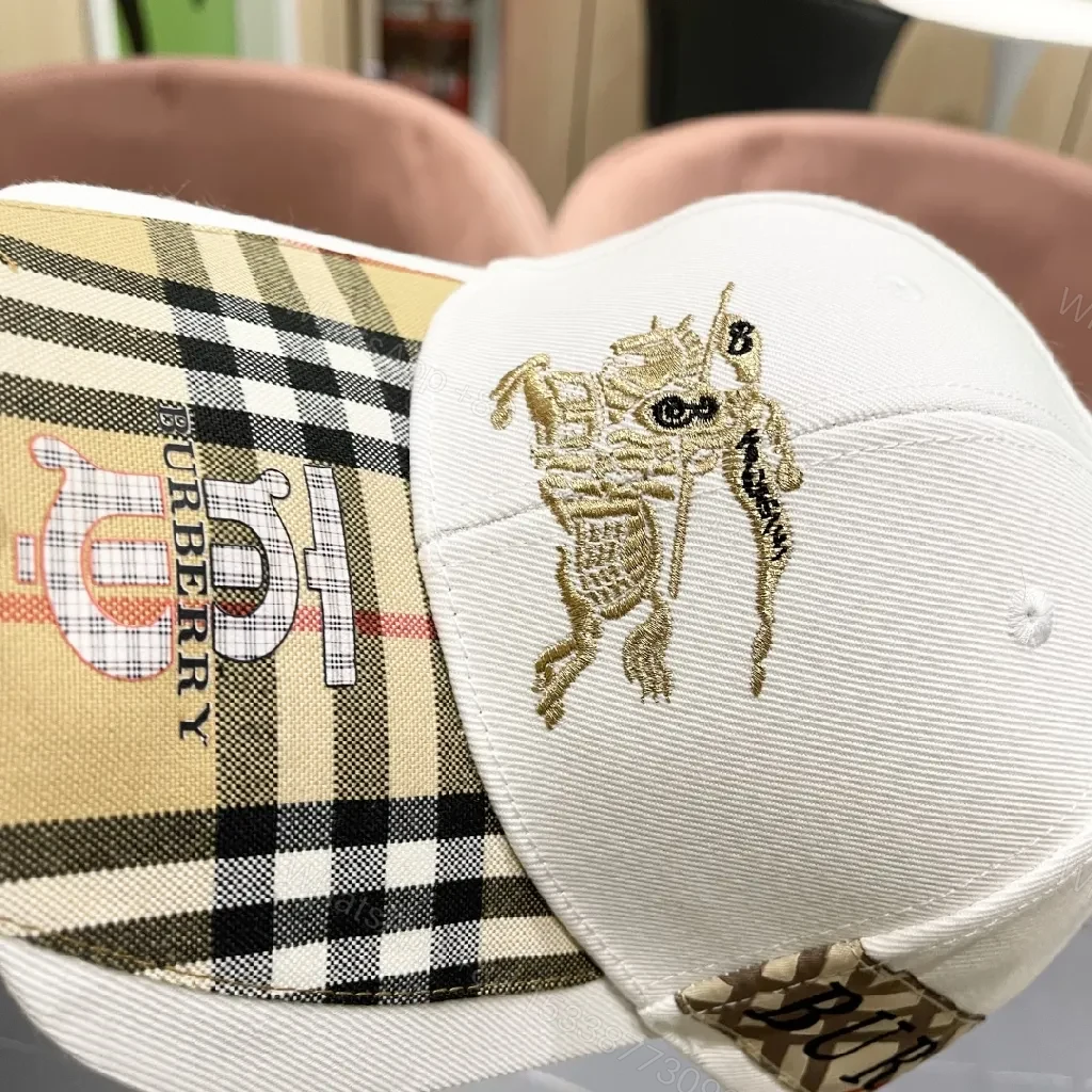 View 3 of White Plaid-Visor Sports Cap with Golden Motif Embroidery