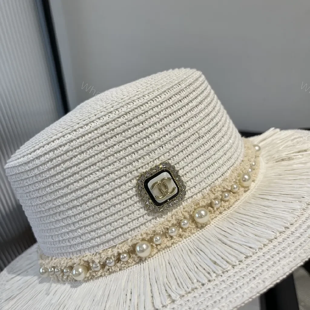 View 5 of Pearl-Trim Straw Hat: Luxe Chic, Effortless Style, Wide Brim