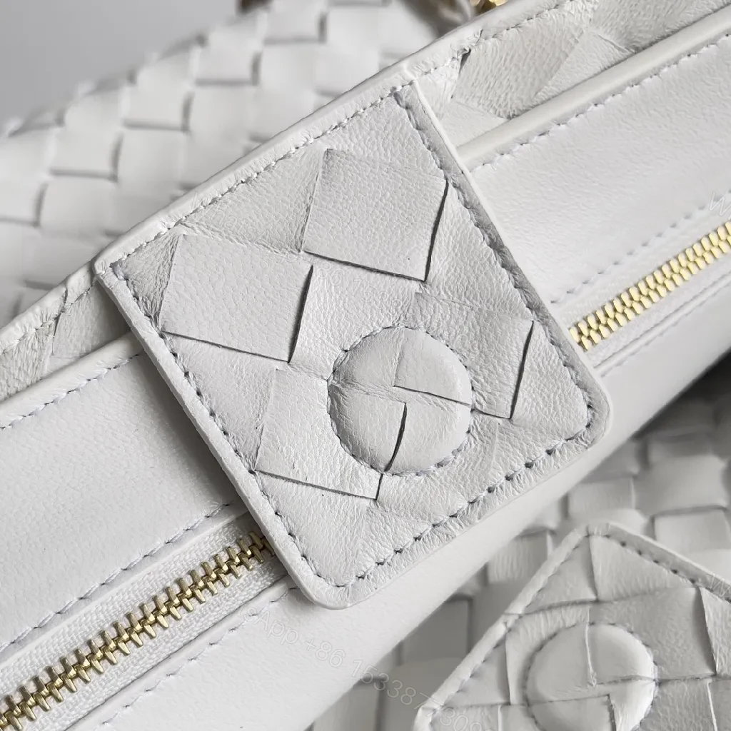 View 3 of White Faux Leather Tote with Gold Chain Accent, Woven Style Bag