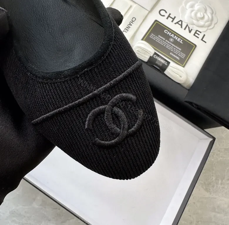View 7 of Chanel-Inspired Black Knit Ballet Flats with Crest