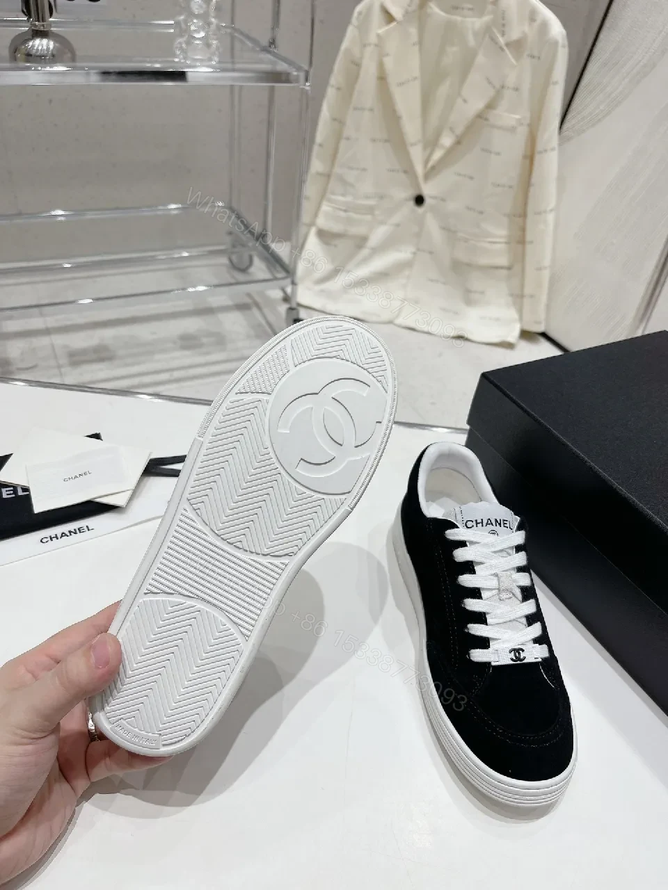 View 7 of Black & White Suede Leather Sneakers - Subtle Logo Details, Everyday High-Tops