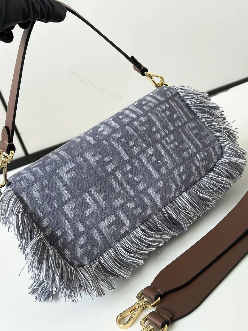 View 3 of Textured Gray Jacquard Fringe Bag - Modern Luxury Tote