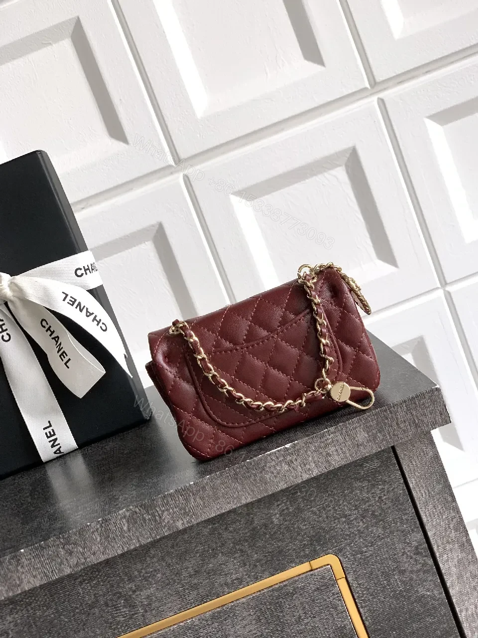View 6 of Burgundy Quilted Leather Wallet-On-Chain Bag