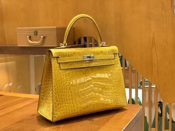 View 7 of Hermes Kelly bag 25 Sellier Jaune ambre Genuine Alligator Crocodile skin Gold hardware