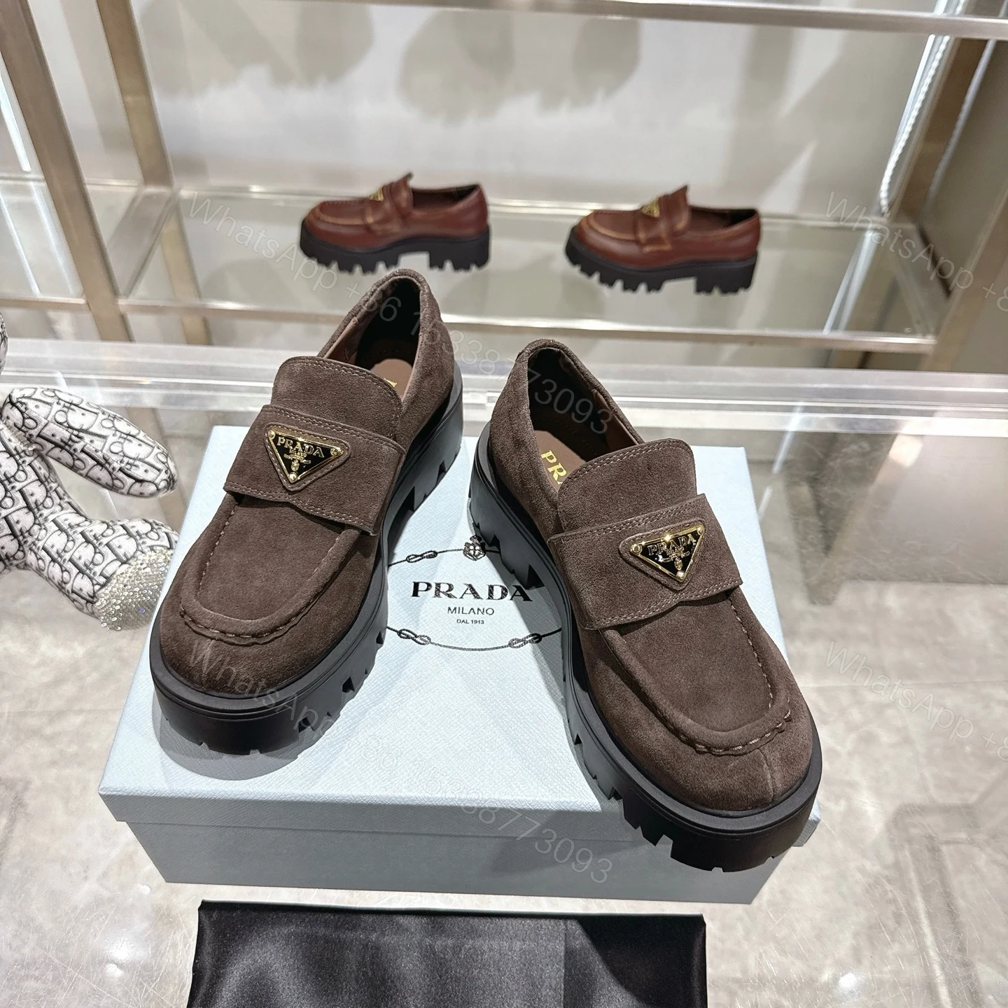 View 3 of Prada Chocolate Suede Loafers Dark Brown