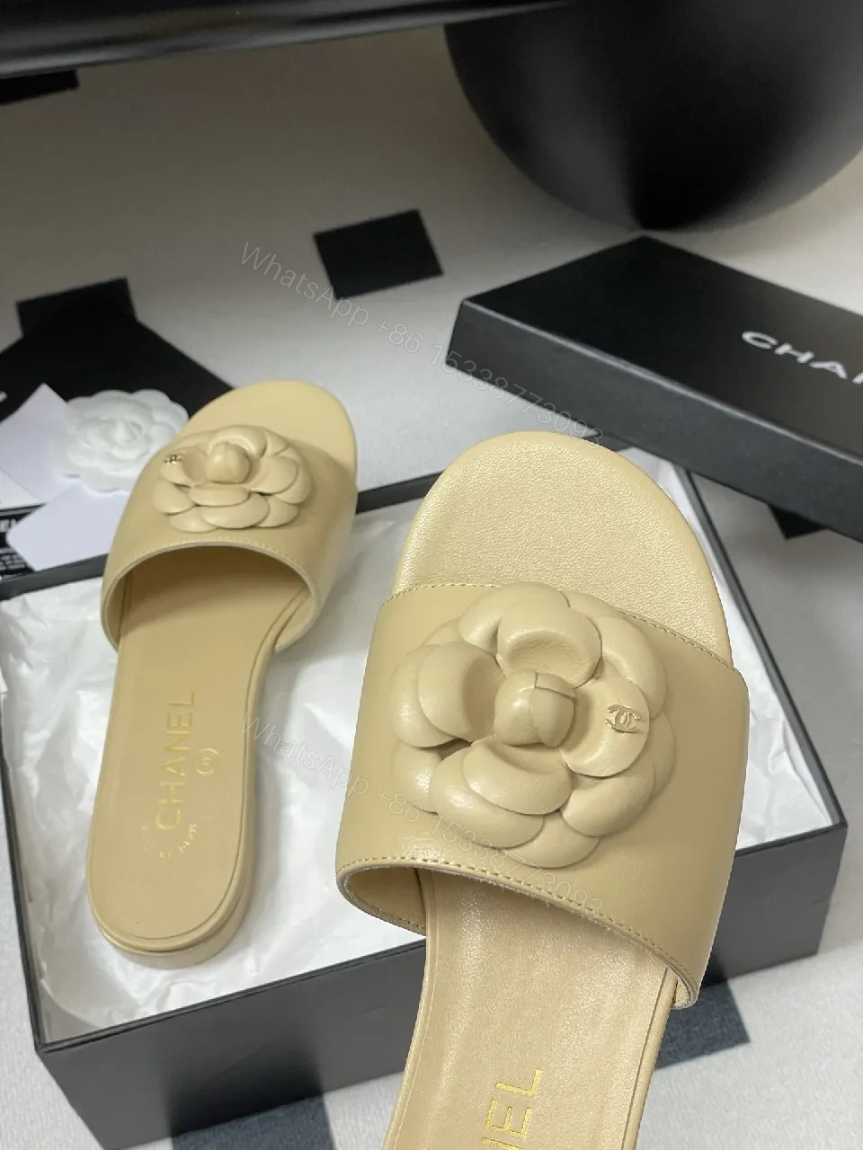 View 6 of Camellia Leather Slides — Soft Nude Comfort, Couture Detail, Everyday Luxury