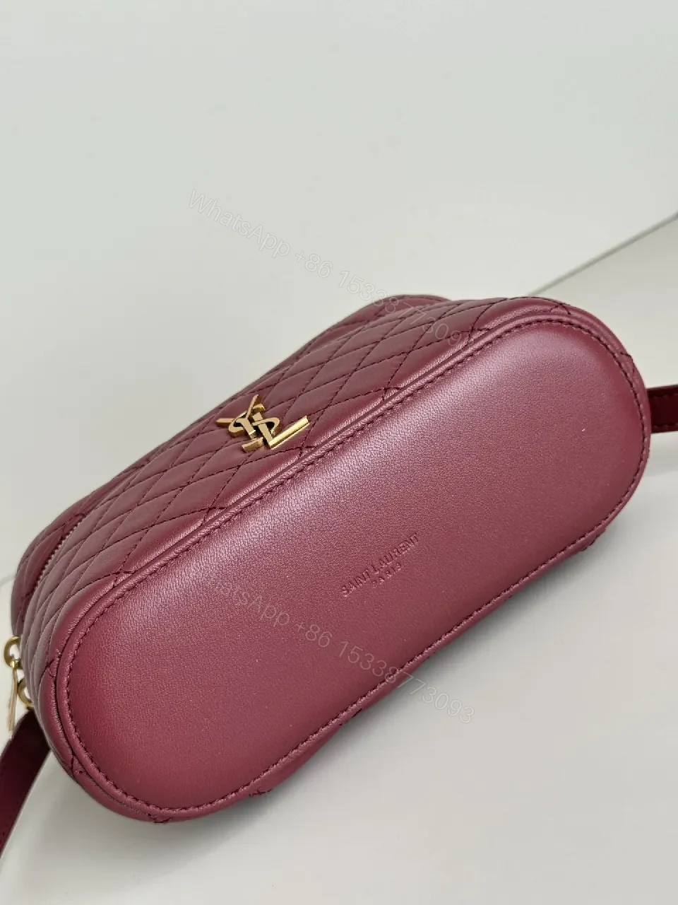 View 7 of Burgundy Quilted Leather Bag with Gold Hardware, Compact Style