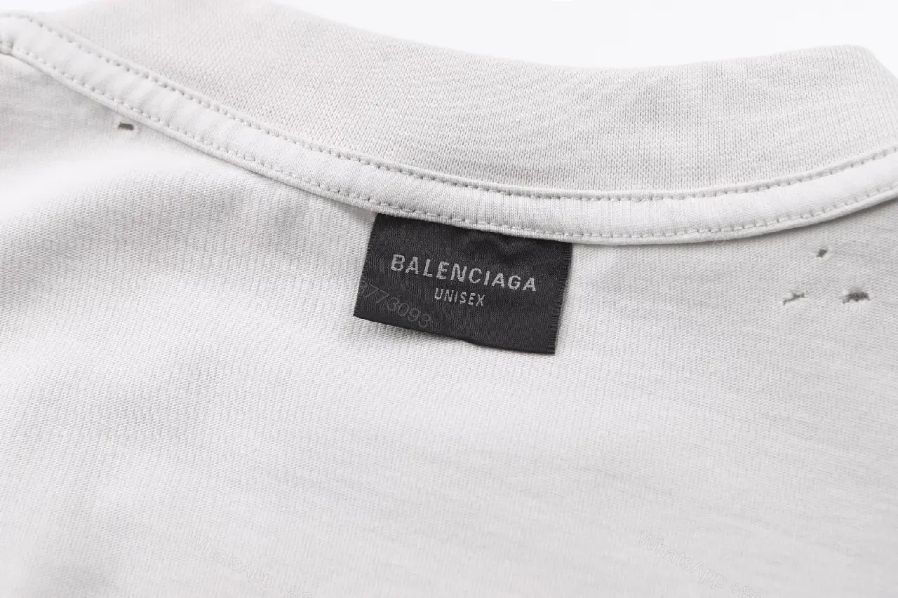 View 2 of White Distressed BALENCIAGA Logo Tee Loose-fit Crewneck Short Sleeve T-shirt